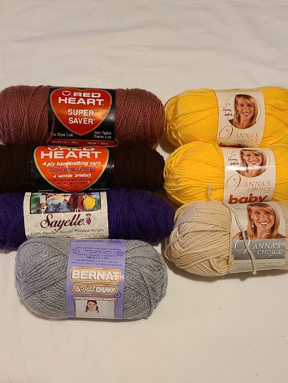 Acrylic Yarn 7 Skeins, Yellow Grey Purple  Crotchet Crafts Vanna's Choice Bernat